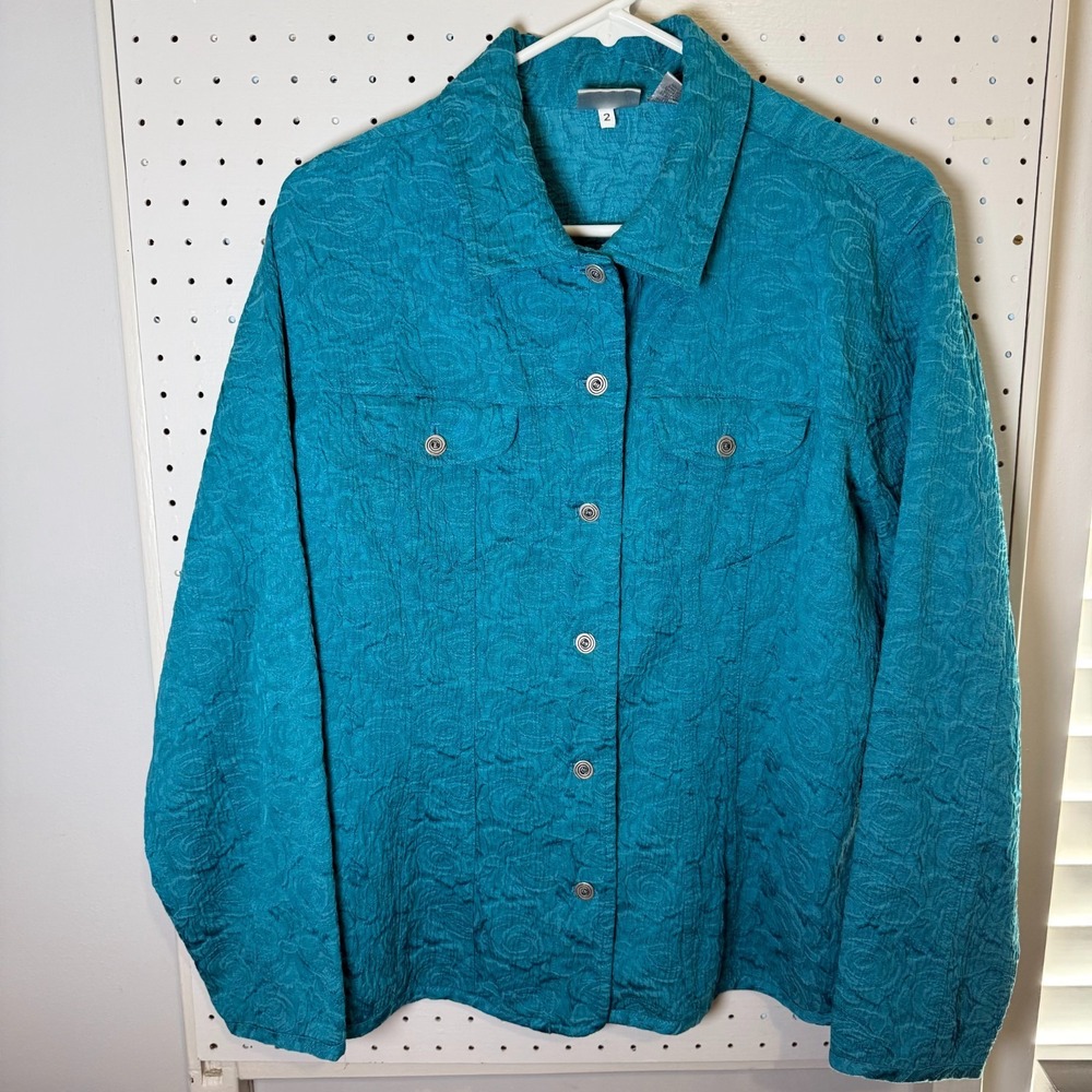 Chico's Jacquard Jacket Women's Large Turquoise Floral‎ Embossed Long Sleeve